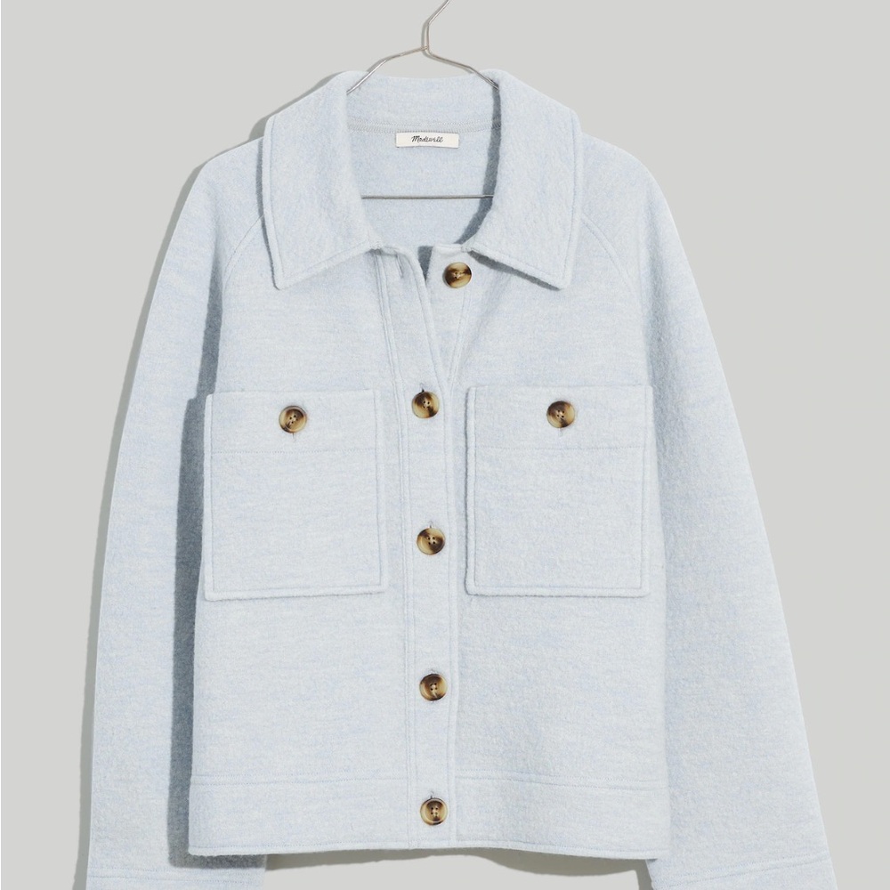 madewell light blue crop sweater shirt-jacket